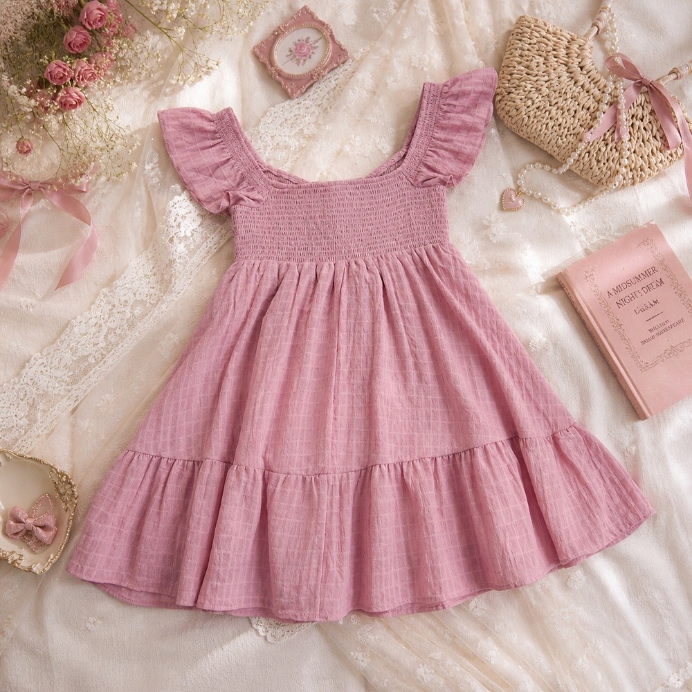 Thirty Thirty LA Pink Babydoll Mini Dress M Smocked Flutter Sleeve Coquette Boho